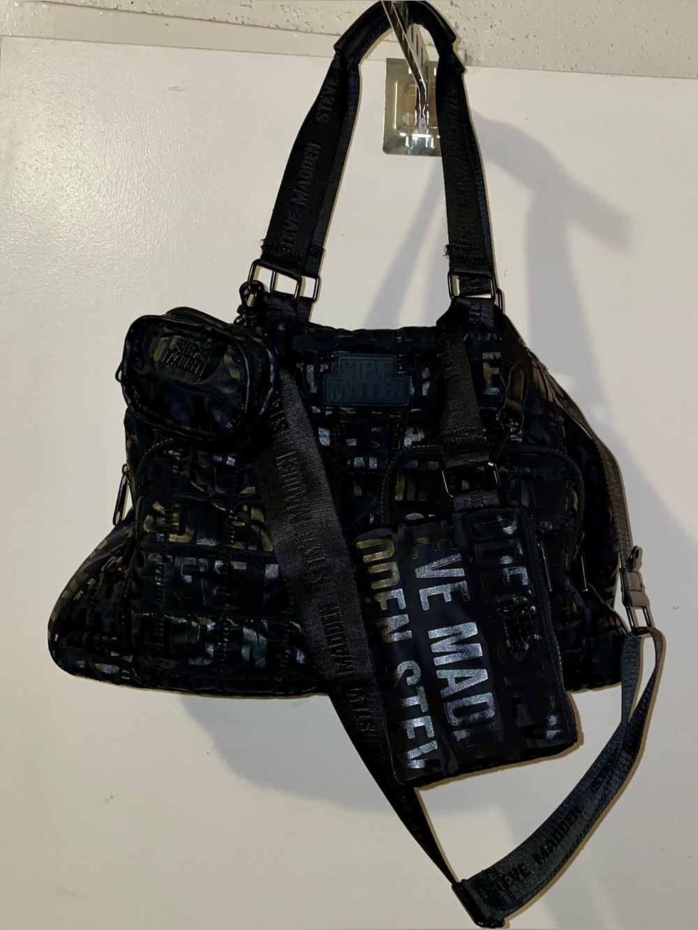 Steve Madden Black Logo Weekender Duffel Travel Bag with Detachable Pouches